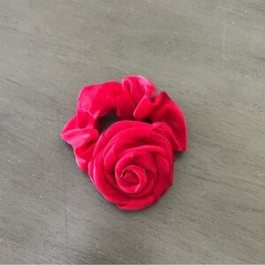 Red Cherry Chiffon Rose Rosette Fabric 2" Scrunchie Ponytail Holder Hair Tie